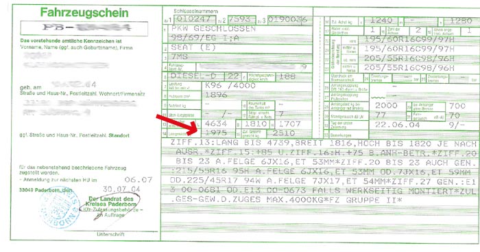 Fahrzeugschein mit neuem Leergewicht